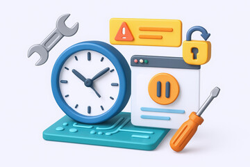 Obraz premium Colorful 3D illustration of tools and a clock representing time management and tech maintenance.