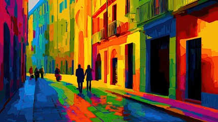 Fototapeta premium Vibrant street scene in abstract block color style.