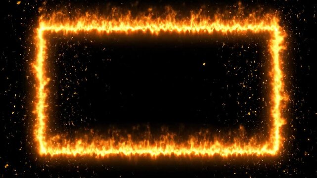 Fiery Frame: Glowing Fire Border Loop - A rectangular frame of vibrant, glowing fire with bright sparks and embers dances around its edges against a black background.