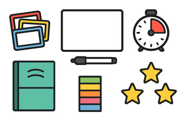 Educational tools including a whiteboard, clock, markers, and colorful sticky notes to enhance learning activities at school
