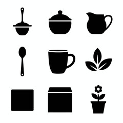 Collection of kitchen and beverage icons in silhouette isolated on white background
