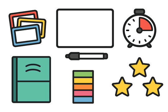 Educational tools including a whiteboard, clock, markers, and colorful sticky notes to enhance learning activities at school