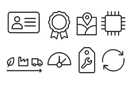Various icons representing identification, achievement, location, technology, and sustainability concepts