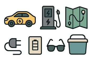 Electric vehicle essentials for a road trip including charging station, map, sunglasses, and car battery