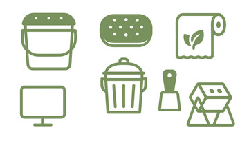 Icons representing various cleaning and organizational tools used in household maintenance and tasks for efficient home care