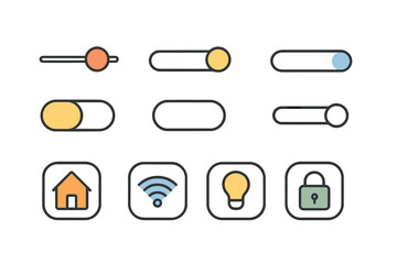 User interface elements showcasing toggles and icons for home automation features in a modern digital design