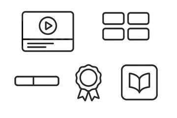 Digital icons representing multimedia elements and achievements in a minimalist style displayed on a light background