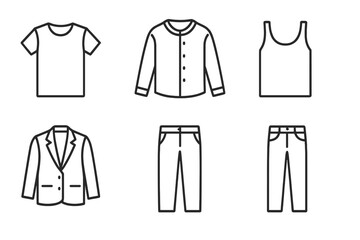 Different styles of clothing displayed in a simple outline format for fashion enthusiasts and designers