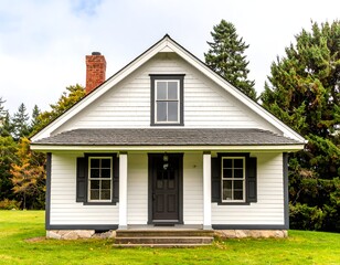 A classic small white house with black shutters and a grey roof, nestled in a green lawn with trees in the background, exuding a charming, traditional American aesthetic.