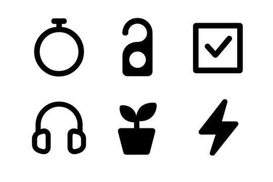 Icons representing various concepts including time management, accessibility, task completion, audio, growth, and energy in a minimalist style