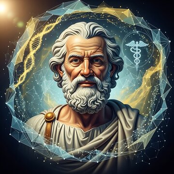 Ancient Greek Physician Hippocrates Portrait with DNA and Medical Symbol
