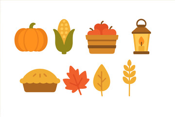 Colorful autumn harvest display with pumpkin, corn, and pie in a cozy setting