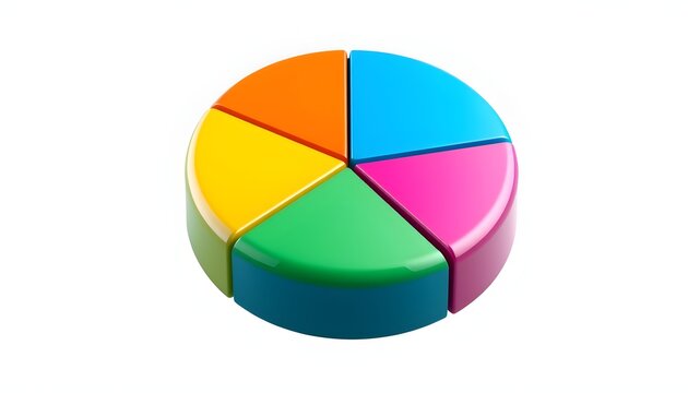 Colorful 3D pie chart divided into five segments, illustrating data proportions.