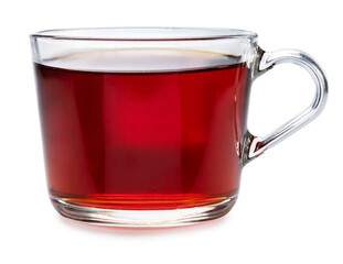 Glass cup of black tea isolated on white. Front view.