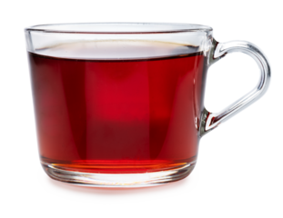 Glass cup of black tea isolated on white. Front view.