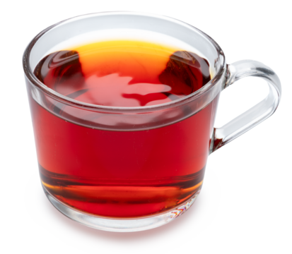 Glass cup of black tea isolated on white. Front view.