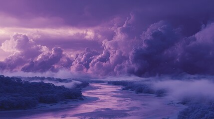 Fototapeta premium Purple Sunset River Landscape Winter Fog, Dramatic Cloudscape, Aerial View, Peaceful Nature