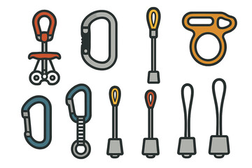 Climbing gear including carabiners, quickdraws, and belay devices arranged neatly on a surface