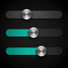 Obraz premium Three metallic horizontal sliders with circular brushed steel handles and glowing turquoise progress bar, a modern minimalistic user interface design element