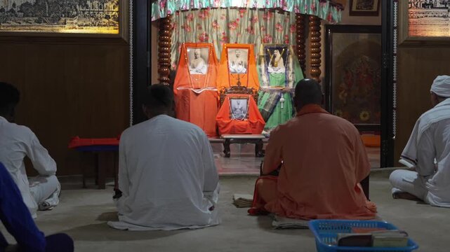 Evening Aarti at Ramakrishna Kutir (Swami Vivekananda Ashram), Almora, Uttarakhand, India &ndash; Devotional Hindu Temple Ceremony with Diyas, Bells and Incense