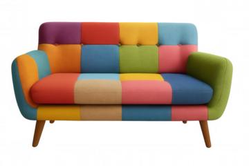 Colorful patchwork sofa featuring vibrant fabric squares, delivering playful contemporary design for eclectic living spaces