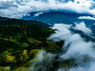 Drone aerial view of landscape mountains view in sunrise or sunset time,High angle view over countryside at northern Vietnam