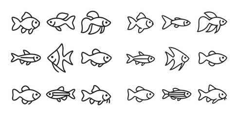 Collection of various fish silhouettes isolated on white background