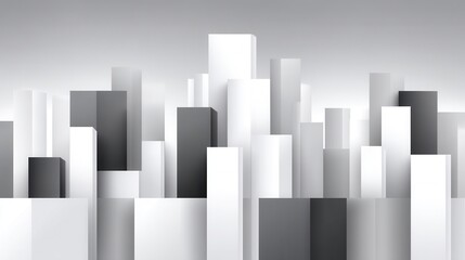 Abstract city skyline with geometric shapes in black, white, and gray tones.