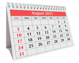 August 2025 calendar. Page of annual business desk month summer calendar isolated on transparent