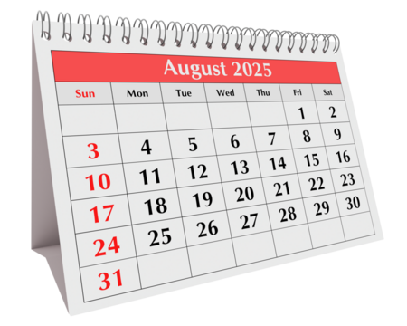 August 2025 calendar. Page of annual business desk month summer calendar isolated on transparent