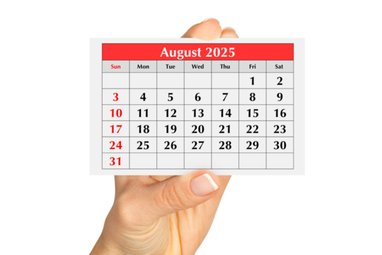 Page of the annual monthly calendar august 2025 in hand. Isolated on transparent