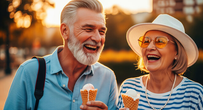 Laughing mature couple enjoying ice cream cones in golden sunlight creating joyful summer memories together on a warm day