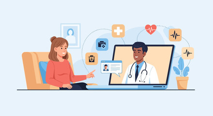 Virtual medical consultation A patient discusses symptoms with a doctor via video call on a laptop screen