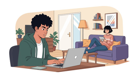 Modern Digital Lifestyle at Home Individuals Working Remotely and Enjoying Leisure, Highlighting Connectivity and Comfort