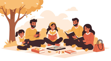 Family Picnic A Happy Scene of Parents and Children Enjoying Books and Games Under a Tree