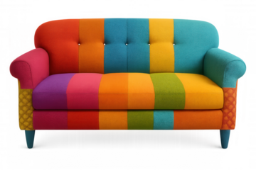 Vibrant multicolored striped sofa isolated on a transparent background, perfect for interior design or home decor projects