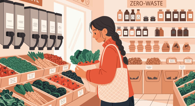 Sustainable shopping experience at a zero-waste grocery store with fresh produce displayed.