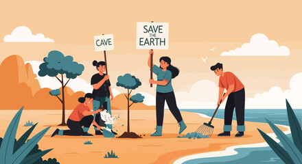 Volunteers Planting Trees and Saving the Earth A Vector Illustration