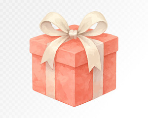 Charming pink Christmas gift box with soft white ribbon bow, delicate holiday present hand-painted in watercolor for festive designs. Vector illustration, watercolor.