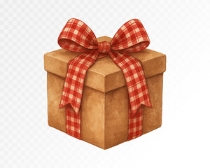 Rustic brown Christmas gift box tied with red checkered ribbon bow, cozy holiday present painted in watercolor for seasonal decor. Vector illustration, watercolor.