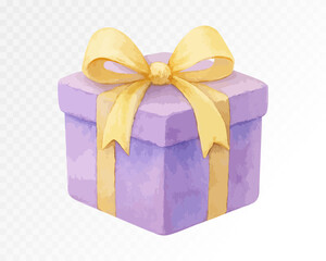 Elegant lavender Christmas gift box with shiny golden ribbon bow, pastel holiday present painted in delicate watercolor style. Vector illustration, watercolor.