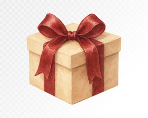 Rustic kraft Christmas gift box tied with deep red satin ribbon bow, warm festive present in vintage watercolor style. Vector illustration, watercolor.