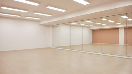 Obraz premium A background of a clean, empty yoga studio with light wood floors and a large mirror wall reflecting an empty space