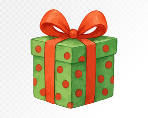 Green Christmas gift box with red polka dots and bow, playful watercolor holiday present design. Vector illustration.