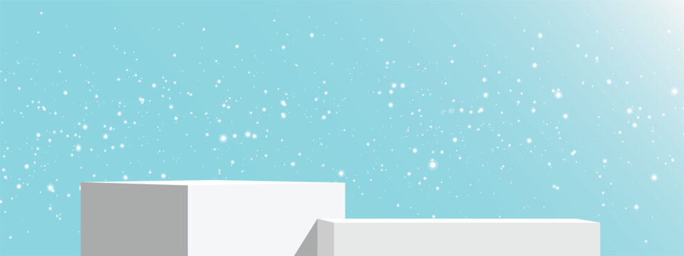 White podium snow sky blue background winter minimal clean festive bright scene with sparkling snowflakes
