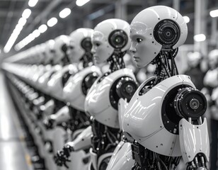 Fototapeta premium モノクロで描かれた整列する人型ロボットの製造ライン