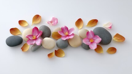 Fototapeta premium Delicate pink flowers and smooth stones create a tranquil zen arrangement.