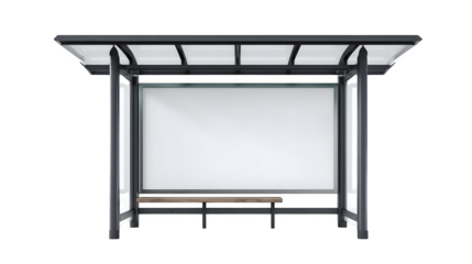 Minimalist bus stop ad frame with overhead shade, isolated on white background