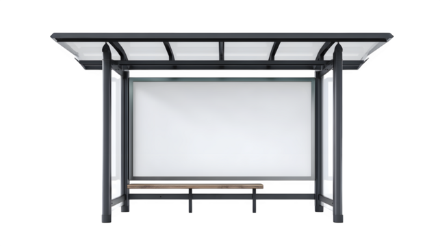 Minimalist bus stop ad frame with overhead shade, isolated on white background