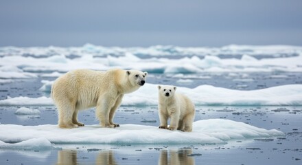 Polar bear family encountering melting ice arctic ocean wildlife photography icy environment close-up view climate change awareness